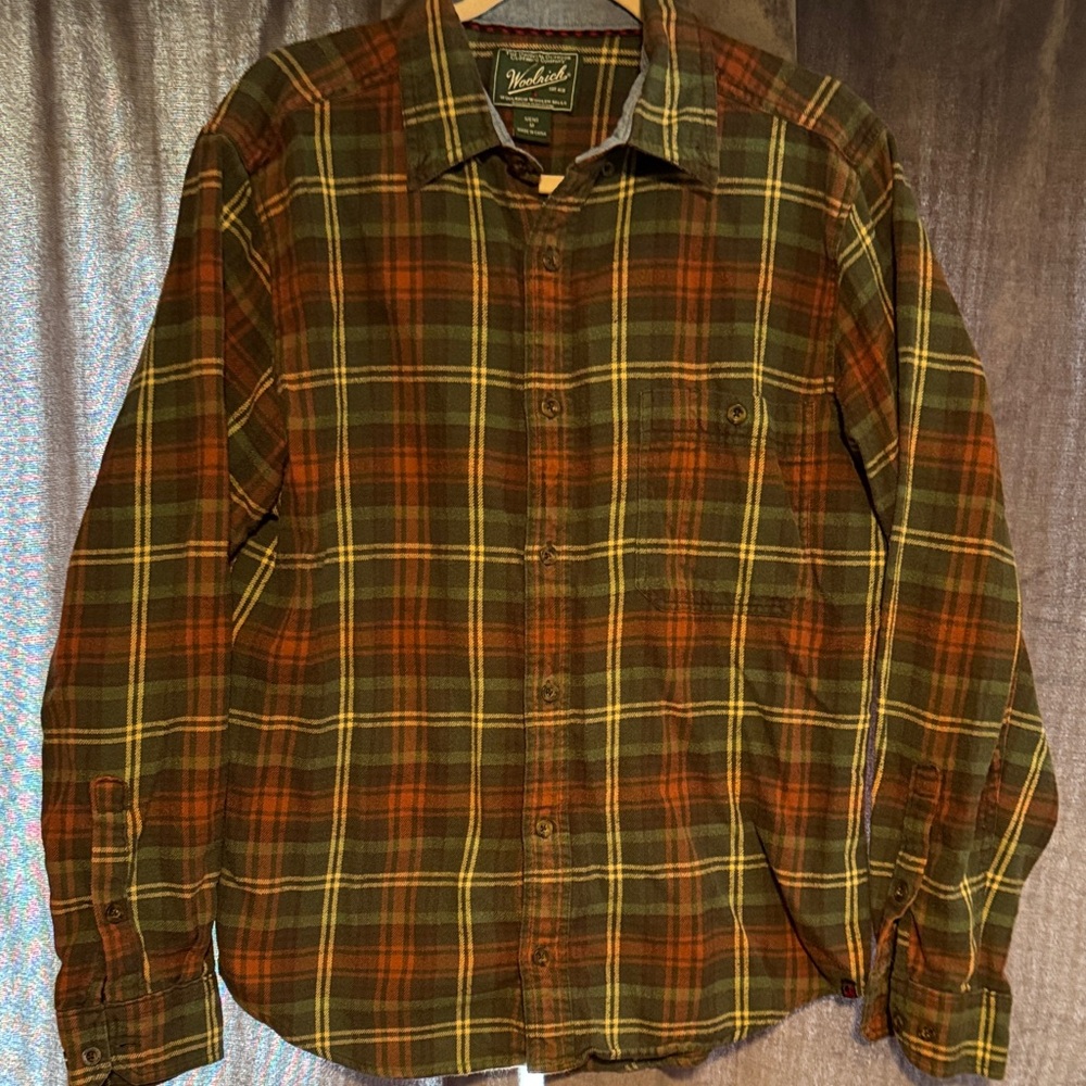Woolrich Olive, Brown & Orange Plaid Button-Down Shirt